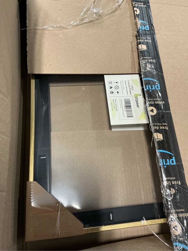 Condition photo showing Good Condition for 16x20 canvas frame, black and gold floating frames for finished canvas painting, vertical or horizontal wall hanging floater frame with adhesive velcro for wall art, 1 pack. black gold 16x20