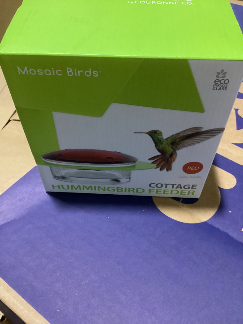 Condition photo showing New/Like New for Cottage Hummingbird Feeder |Glass Hummingbird Feeder with 3.4 Ounce Nectar Capacity| 4 Feeding Ports & Wide Mouth Bowl, Hanging Bird Feeder with Recycled Glass Lid, Red