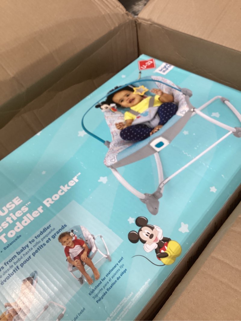 Condition photo showing New/Like New for bright starts disney baby mickey mouse infant to toddler rocker & seat with vibrations and removable -toy bar, 0-30 months up to 40 lbs (original bestie) multicolored