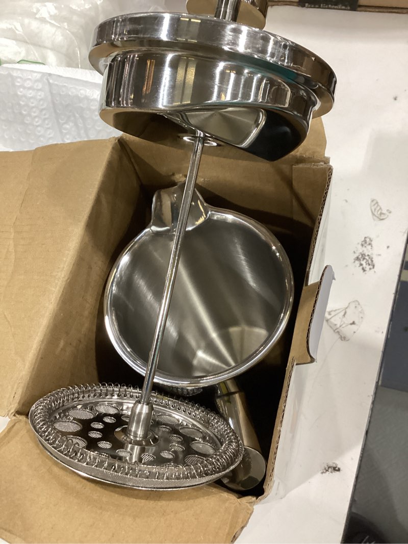 Condition photo showing Good Condition for stainless steel french press coffee maker, 34oz/1l, 5 pack filter | 304 rust-proof metal press, thermal insulated, heat-resistant ergonomic handle, bpa free, dishwasher safe