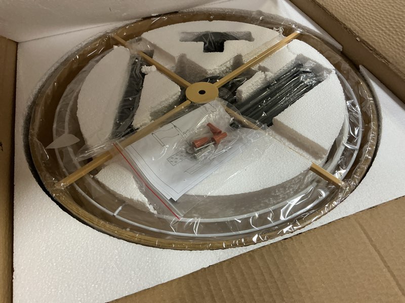 Condition photo showing Good Condition for 19.6" rustic drum chandelier, 4-light wood texture pendant lighting with white fabric shade, farmhouse chandeliers for dining room, kitchen island, bedroom, living room, office