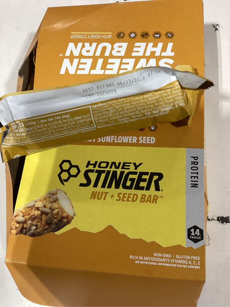 Condition photo showing As Is for Honey Stinger Nut + Seed Bar, Peanut Sunflower Seed, Protein Packed Food for Exercise, Endurance, Performance and Recovery, Sports Nutrition Snack Bar for Home & Gym, Post Workout, Box of 12