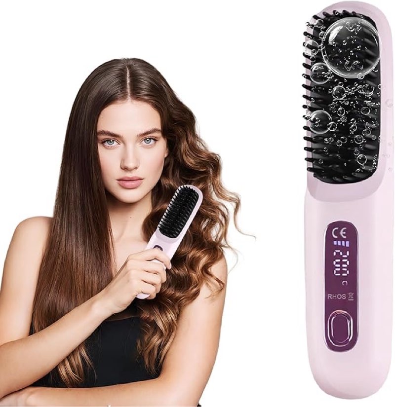 Cordless Hair Straightener Brush, Mini Hair Straightener Comb with Negative Ion, Portable Hot Comb Straightener for Women, Rechargeable 4000mAh Battery, Anti-Scald, 3 Temp-Setting