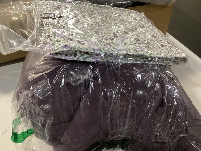 Condition photo showing As Is for bloomhaven queen comforter set - 7 pieces ruffle purple bedding sets, shabby chic farmhouse bed in a bag queen with ruffle comforter, floral sheets, pillowcases & shams dark purple queen