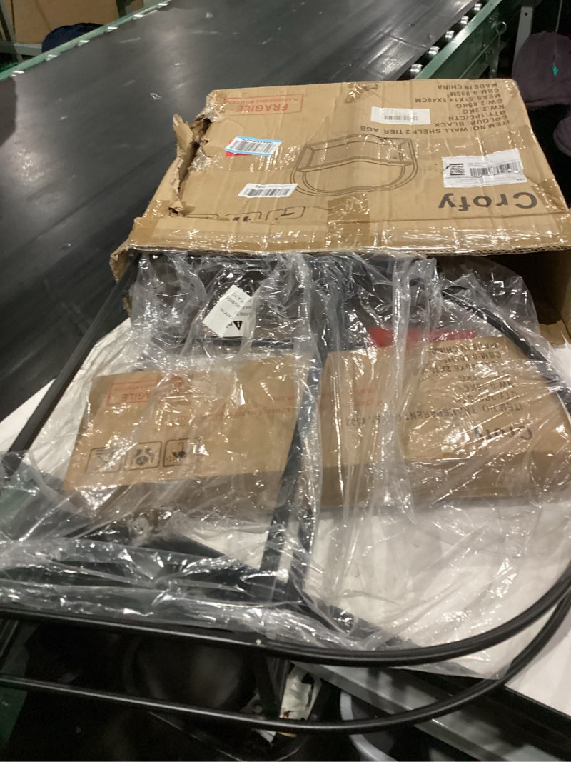 Condition photo showing Good Condition for Crofy Black Arched Frame Wall Shelf, Decorative 2 Tier Bathroom Wall Shelf with Transparent Tempered Glass Shelves and Robust Storage Capacity, 6" D x 17.9" W x 19.18" H Black Frame & Transparent Shelf 2 Tier