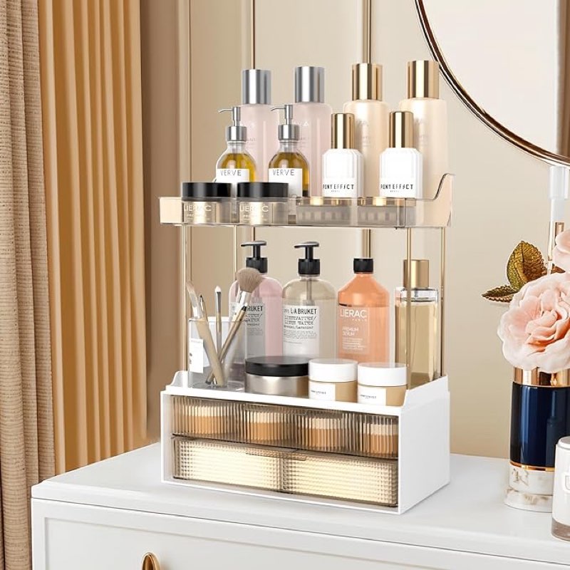 KJIXYUNG 2-Tier 2-Drawer Makeup Organiser for High Volume Women - Multi-Purpose Countertop Vanity Organiser for Dressing Table - Large Skin Care Organiser with Exquisite Design Amber