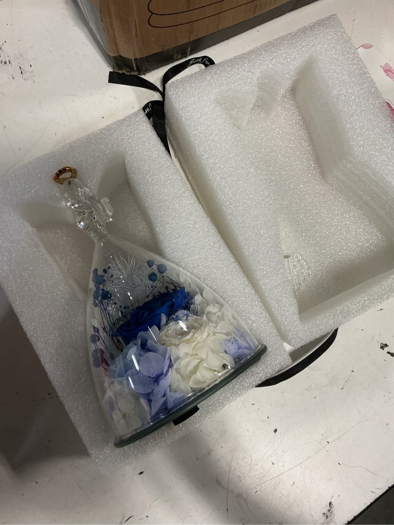 Condition photo showing As Is for fiaco gifts for women preserved rose forever flower rose in glass angel figurine preserved fresh flowers for delivery prime mothers day birthday gifts for mom grandma wife sister blue s blue roses, austin, baby's breath, hydrangeas