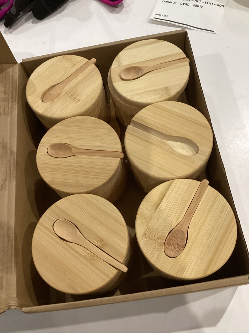 Condition photo showing Good Condition for honeydak 6 pcs 6oz bamboo salt cellar salt container with magnetic swivel lid & spoon bamboo storage box bowl elegant kitchen holder saver jar to storage pepper spice sea sugar for countertop 6 1 compartment