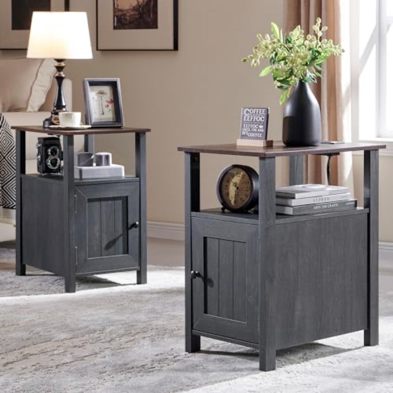 willkie farmhouse nightstand set , end table with charging station, w/barn door & open shelves