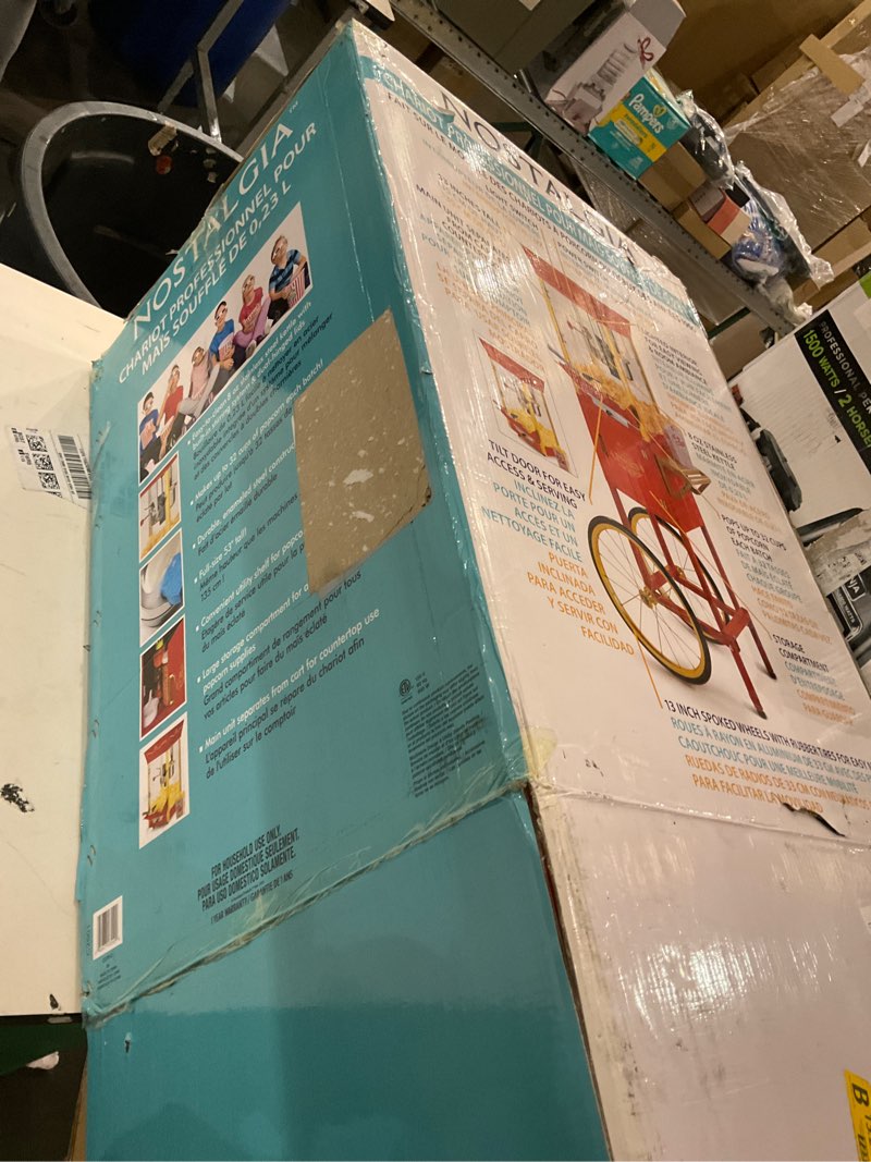 Condition photo showing As Is for Nostalgia Popcorn Maker Machine - Professional Cart With 8 Oz Kettle Makes Up to 32 Cups - Vintage Popcorn Machine Movie Theater Style - Red 8 Oz Red