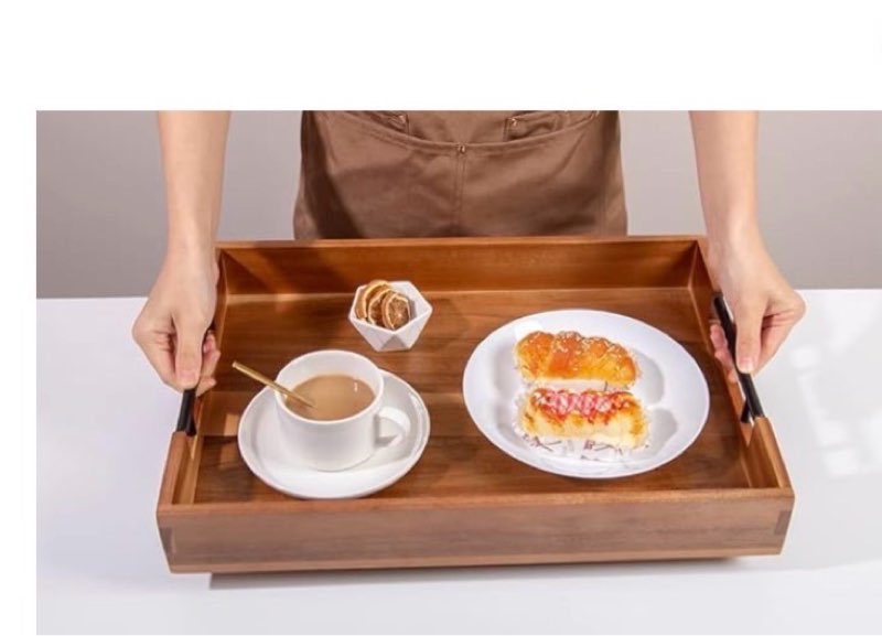 2PCS Large Wooden Ottoman Tray Rectangle Trays for Big Ottoman Counter Huge Kitchen Wood Serving Trays with Handles, Decorative Tray for Living Room Premium Acacia Wood Tray(20.1'' + 18.1'')