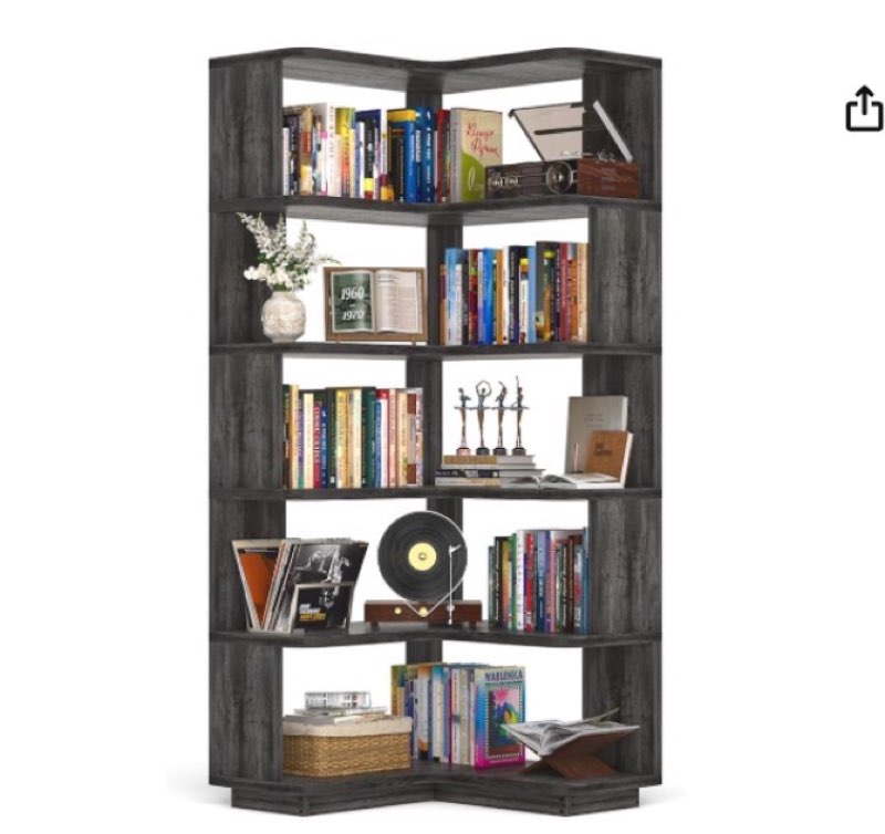 (Incomplete, box 2/2 ) armocity Corner Book Shelf - 6 Tier Corner Bookshelf Etagere Bookcase with Baffle, Freestanding L Shaped Display Shelf Stand for Home Office, Living Room, Bedroom, Kitchen, Grey Oak