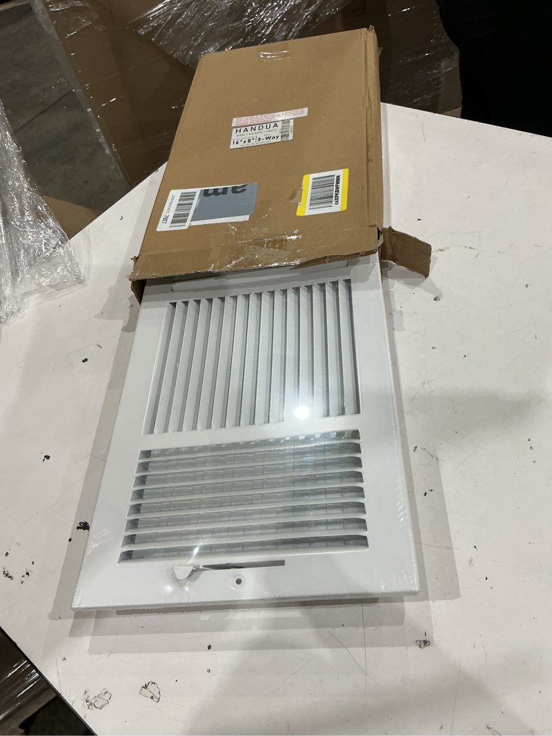 Condition photo showing New/Like New for fits 16x8 duct opening 3 way steel air supply diffuser by handua | register vent cover grille for sidewall and ceiling | white | outer dimensions: 17.75" x 9.75" 1 16" x 8" duct size