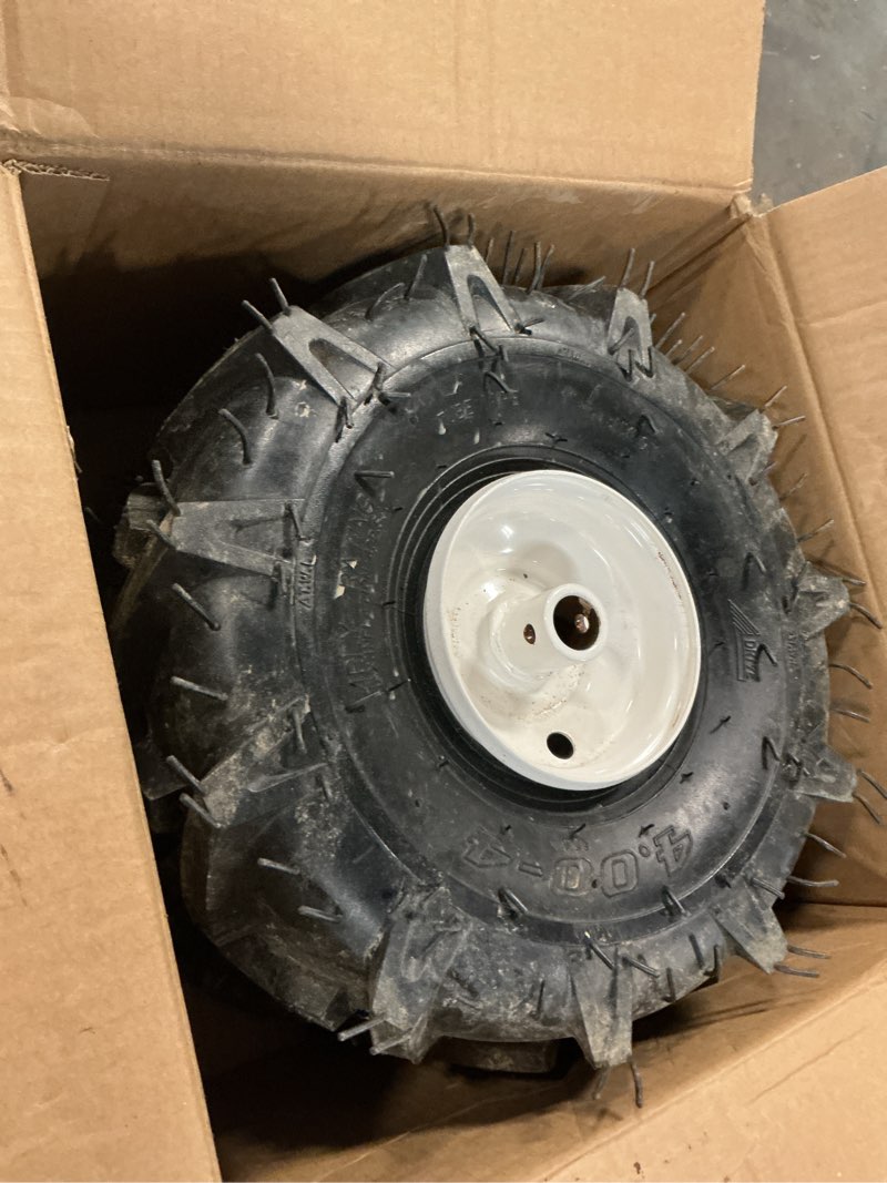 Condition photo showing As Is for 11x4.00-4" tiller tire and wheel, 3/4" axle size, 3-1/8" centered hub, compatible with craftsman & troy-bilt tiller replacement 2 pack-11x4.00-4
