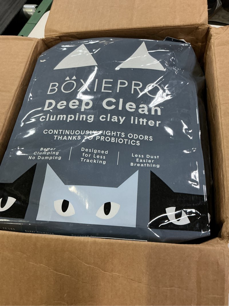 Condition photo showing New/Like New for boxie probiotic cat litter, 40 day odor control, clumping clay kitty litter, odor eliminating probiotics, dust-free, no fragrances no fillers, 28 lb pro 28 lb