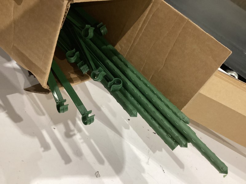 Condition photo showing As Is for 6 pack tomato cage for garden, 48 inches metal garden stakes, plant support cages trellis for garden and pots, tomato trellis for potted plants, trellis for climbing plants outdoor,green 48'' x 12''
