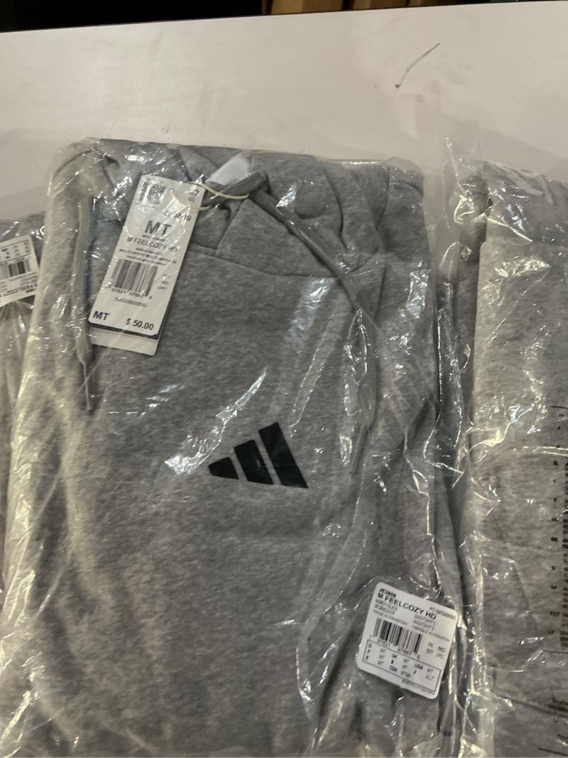 Condition photo showing New/Like New for adidas mens Essentials Feelcozy Fleece Hoodie Medium Tall Medium Grey Heather/Black
