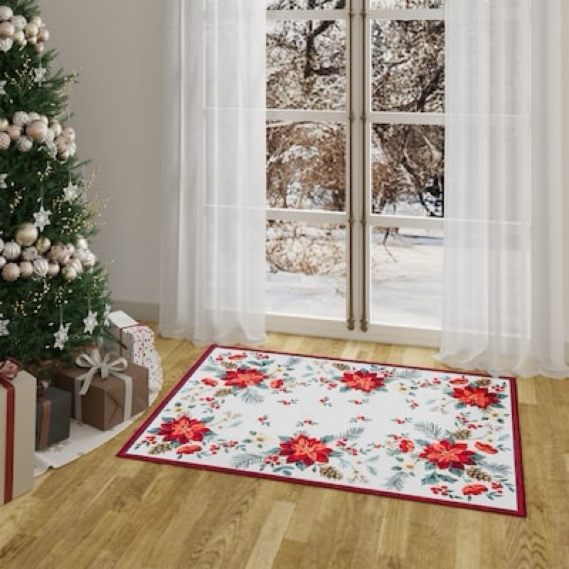 Holiday Living Christmas 54 x 39(ft) Loomed Polyester White Poinsetia Rectangular Indoor
