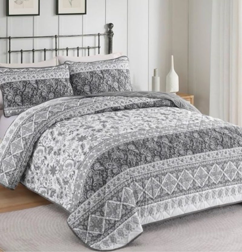 Yiran Grey Floral Quilt Set ,Boho Bedding Set Striped Patchwork Bedspread Coverlet Set,Lightweight Microfiber Bedding Set (unknown size)