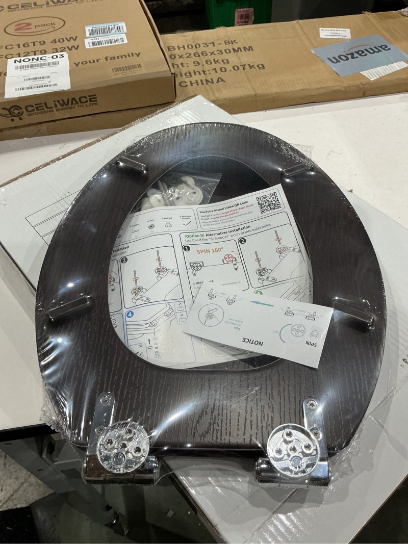 Condition photo showing New/Like New for elongated toilet seat molded wood toilet seat with quietly close and quick release hinges, easy to install also easy to clean by angol shiold (elongated, dark brown) soft close hinge dark brown