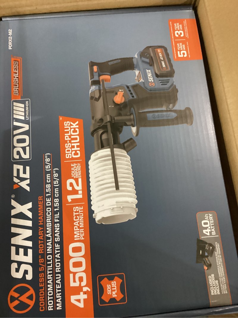 Condition photo showing New/Like New for senix 20 volt max* sds-plus cordless 5/8" rotary hammer drill with brushless motor, auxiliary handle, dual function, & vibration control, battery, charger, & storage bag included (pdrx2-m2)