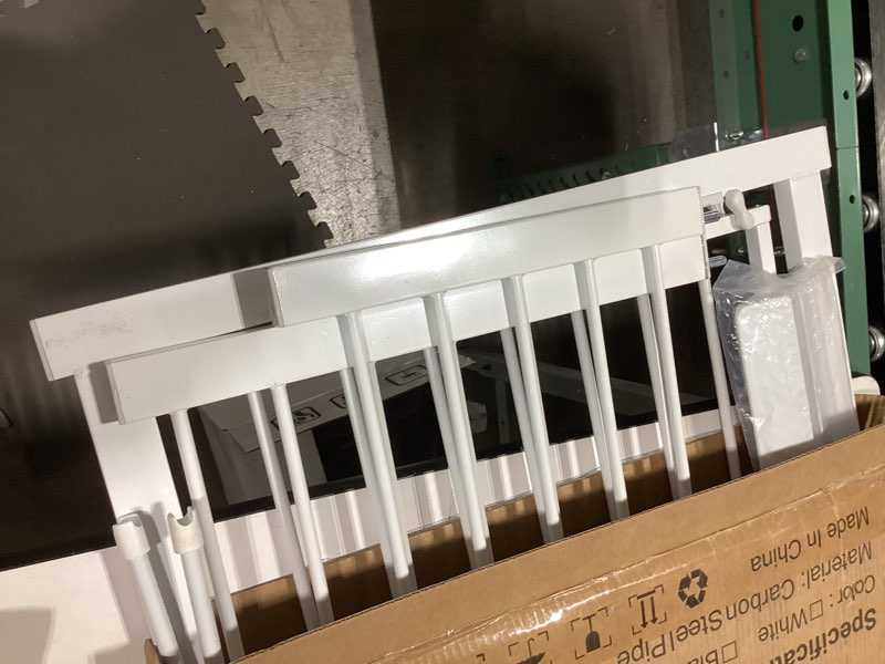 Condition photo showing As Is for waowao triple lock baby gate extra wide pressure mounted walk through swing auto close safety black metal dog pet puppy cat for stairs,doorways,kitchen 25.59\"-81.49\" inch(white, 14.17\"/36cm) white 14.17\"/36cm incomplete  damage 