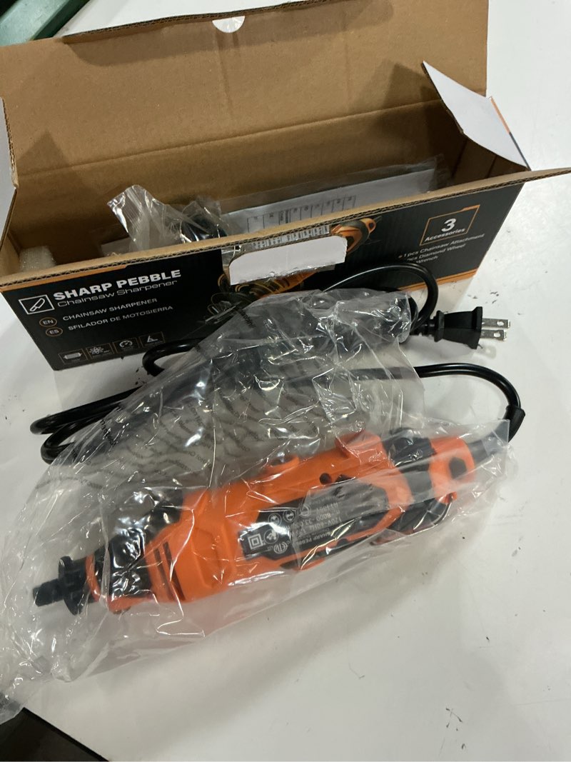 Condition photo showing Good Condition for sharp pebble electric chainsaw sharpener kit - comes with chain saw sharpener tool, 4 file size sharpening wheel bits, angle attachment, wrench & ebook