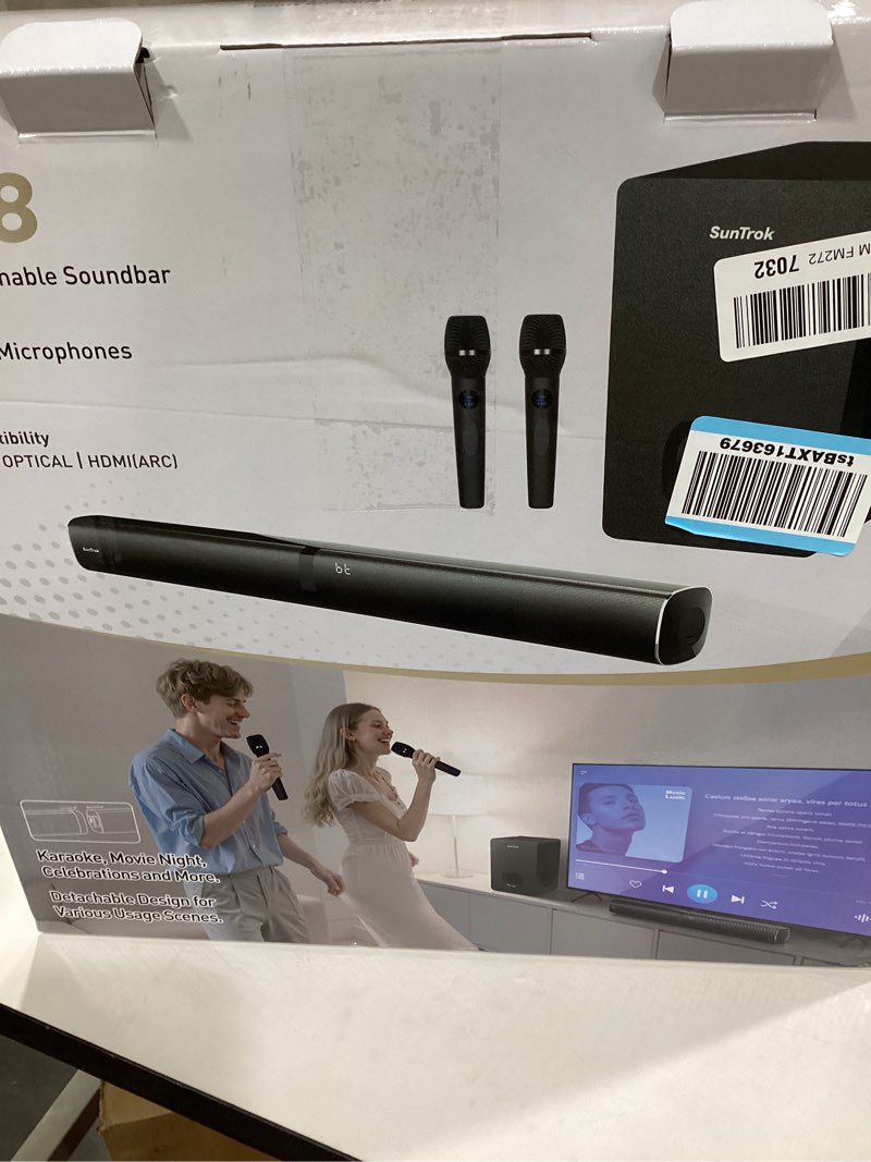 Condition photo showing Good Condition for Karaoke Soundbar with Subwoofer for TV: Sound Bar with 2 Wireless Microphones - Home Theater Surround Sound System - Bluetooth Speaker with Remote Supports HDMI ARC/Optical/AUX/USB for TV/PC