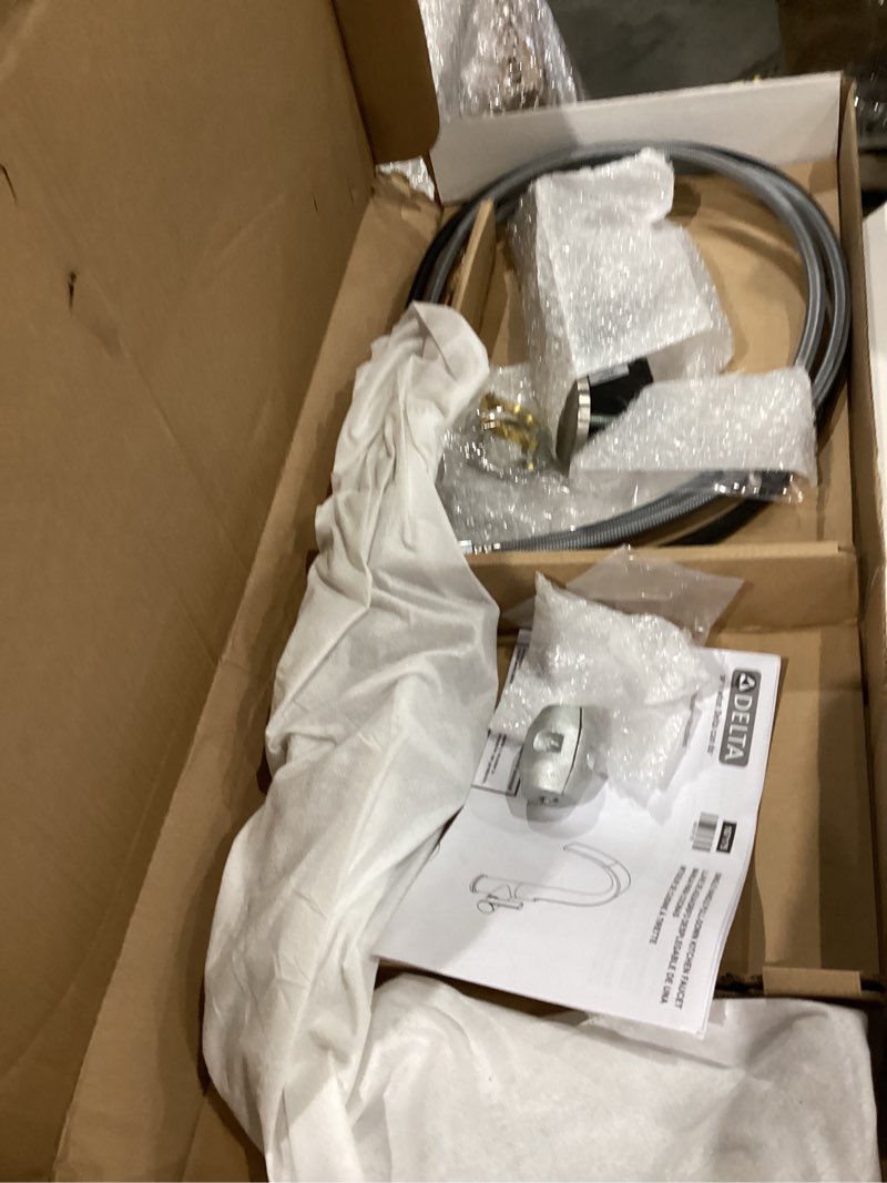 Condition photo showing As Is for Delta Keele Brushed Nickel Kitchen Faucet with Pull Down Sprayer, Modern Single Hole Kitchen Sink Faucet, Single Handle, Spotshield Stainless 19824LF-SP