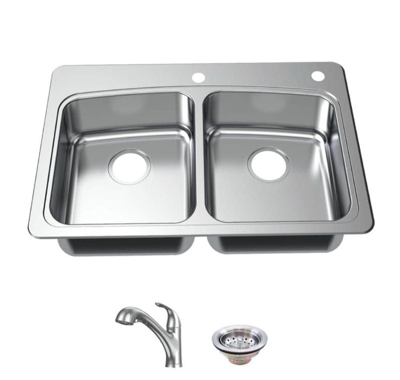 Glacier Bay All in-One 33 in. Drop-in Double Bowl 20 Gauge Stainless Steel Kitchen Sink with 2-Holes and Pull-Out Faucet/Strainer, Silver