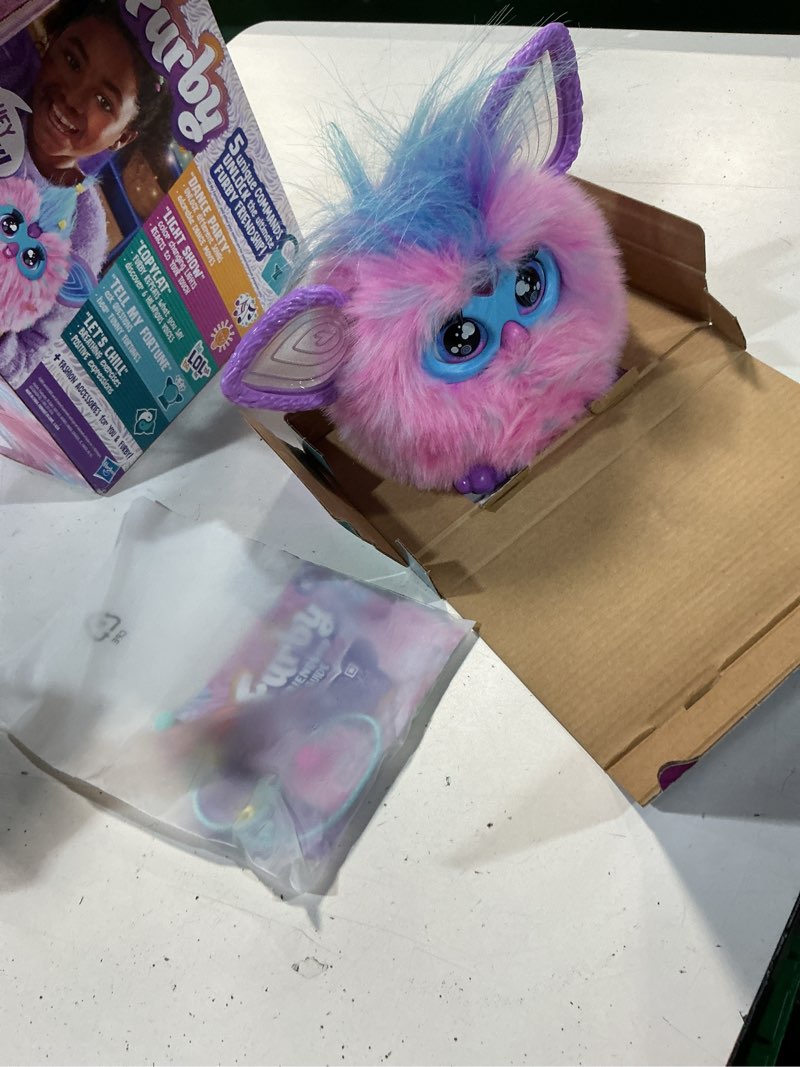Condition photo showing New/Like New for furby cotton candy, 15 fashion accessories, interactive plush toys for 6 year old girls & boys & up, voice activated animatronic, pink & blue (amazon exclusive)