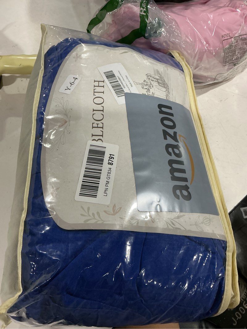 Condition photo showing As Is for 4 pack 120inch royal blue cloth tablecloth for 5 ft round tables, stretchy fitted circle picnic tables cloths, spandex table cover with table skirt for wedding photography party event mermaid birthday royal blue 60inch(4pack)