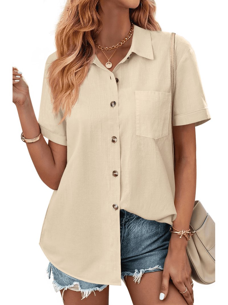 fantaslook womens button down shirts lapel short sleeve shirt collared pocketed casual blouses summer tops(m)