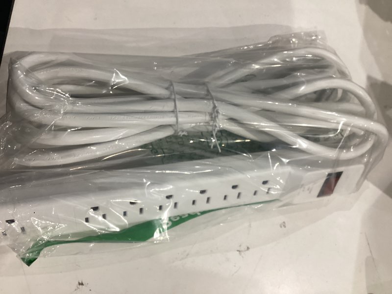 Condition photo showing Good Condition for plugtul surge protector 15ft (980 joules), flat plug power strip, extension cord with multiple outlets, 7 outlets, etl listed, 14 gauge, wall mountable for home office garage, white 15ft white