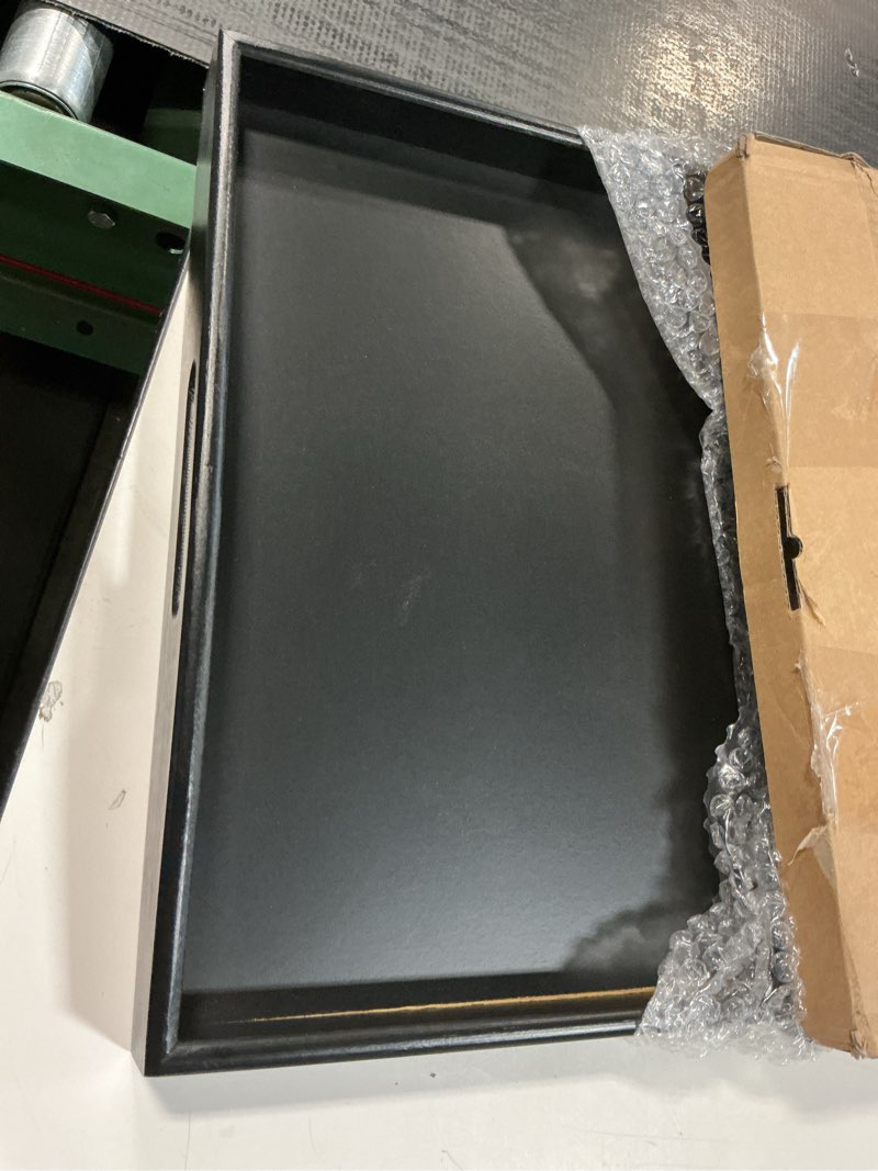 Condition photo showing As Is for Bam & Boo Black Bamboo Serving Tray Extra Large with Handles for Food, Drinks, Storage, Decor, Vanity, Breakfast, Parties, Weddings, Picnics(23.6” x 15” x 2.35”, Black) Black 23.6" x 15" x 2.4"