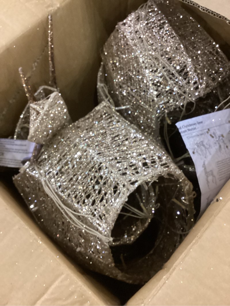 Condition photo showing As Is for Lighted Christmas Decoration Deer 3 Piece, HOYECHI Light up Christmas Decor Reindeer Family Set for Indoor Outdoor Front Yard Porch with LED Lights, Plug, Ground Stakes - Gold Gold - 3 Piece