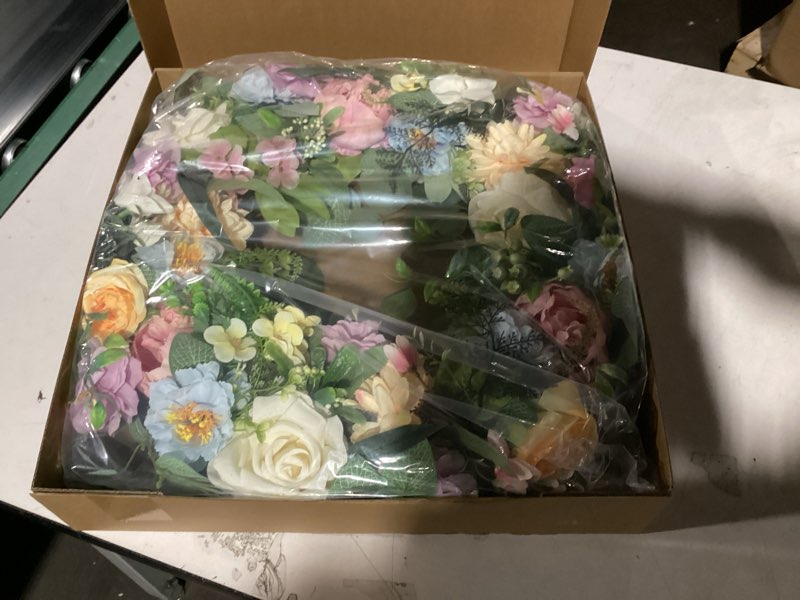 Condition photo showing As Is for artificial spring summer wreaths for front door peony wreath colorful floral wreath with peony,daisy,poppy flower lavender for indoor outdoor farmhouse home wall window festival decoration