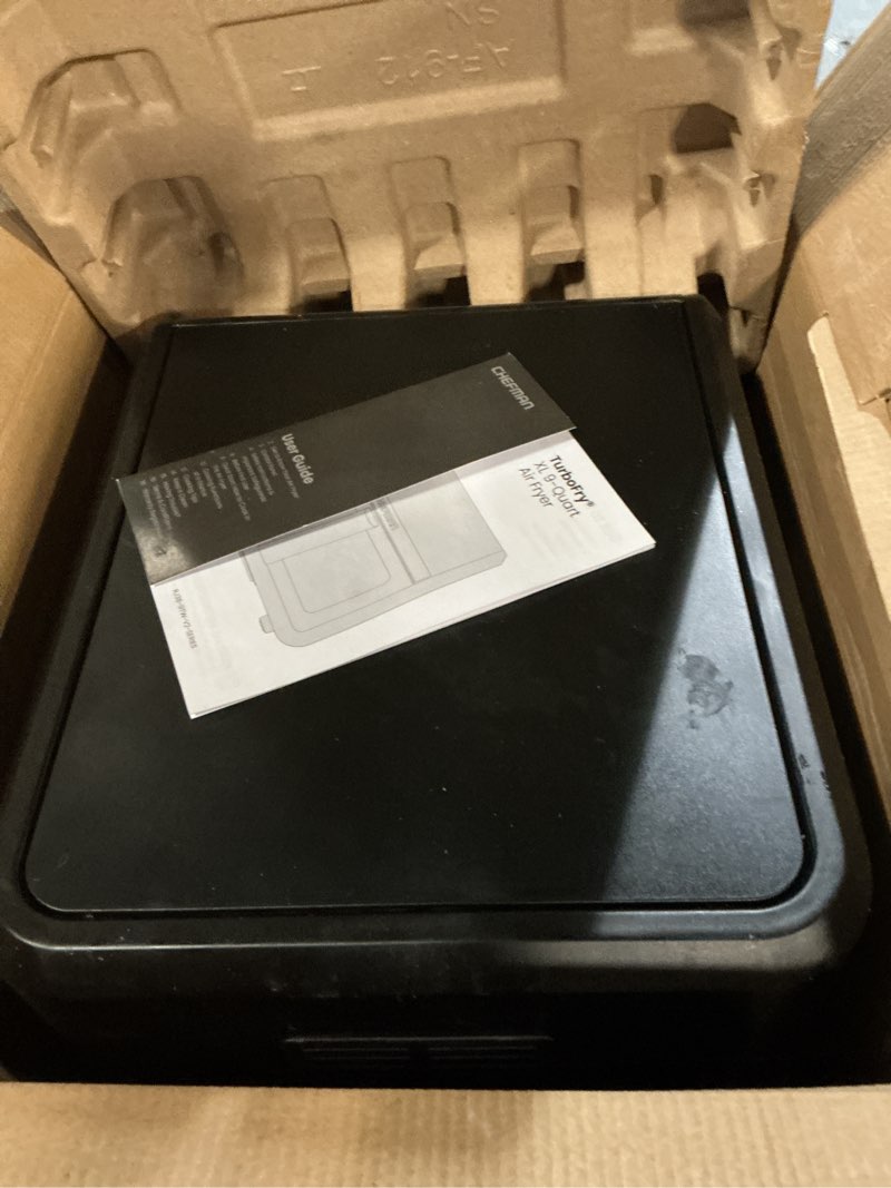 Condition photo showing As Is for chefman air fryer 9 qt | turbofry 7-in-1 high-powered 450°f cooking for crispier and even results | xl basket with viewing window | air fry, bake, broil, reheat, dehydrate, defrost, keep warm 9 quart