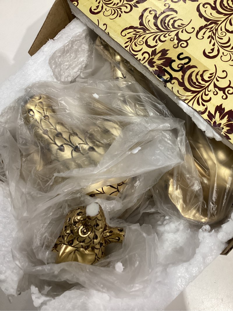 Condition photo showing As Is for vintage gold elephant statue.inspiring good luck,health and strength.unique elephant figurines gifts for women,moms.versatile home and office decor accents set for bookshelf,living room,tv stand.