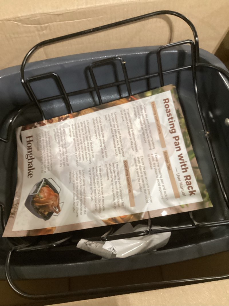 Condition photo showing New/Like New for HONGBAKE Extra Large Turkey Roasting Pan with Rack (U-Shaped), 18.7×13.6 Inch Nonstick Roaster Pan for 25 lb Turkey & Chicken, Deep Turkey Tray for Oven, Wider Handles, 0.8 mm Heavy Duty Steel, Gray