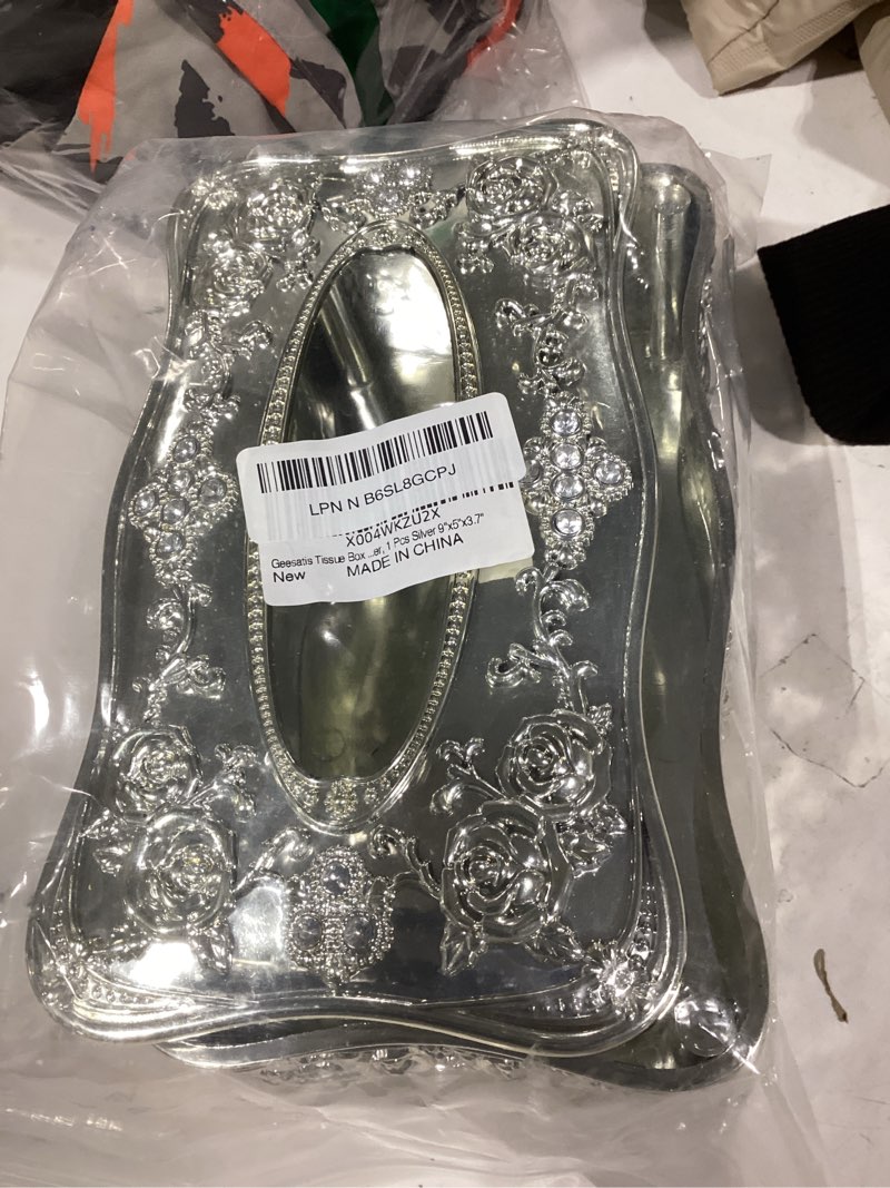 Condition photo showing New/Like New for geesatis tissue box cover, rectangle tissue box holder, rectangular napkin facial tissues holder for bathroom toilet bedroom living room table desk office dresser, 1 pcs silver 9''x5''x3.7'' g-silver