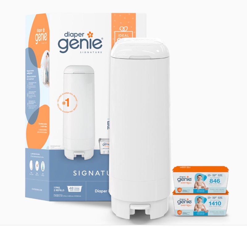 Diaper Genie Signature Pail Includes 1 Easy Roll Refill with 18 Bags | Holds Up to 846 Newborn-Sized