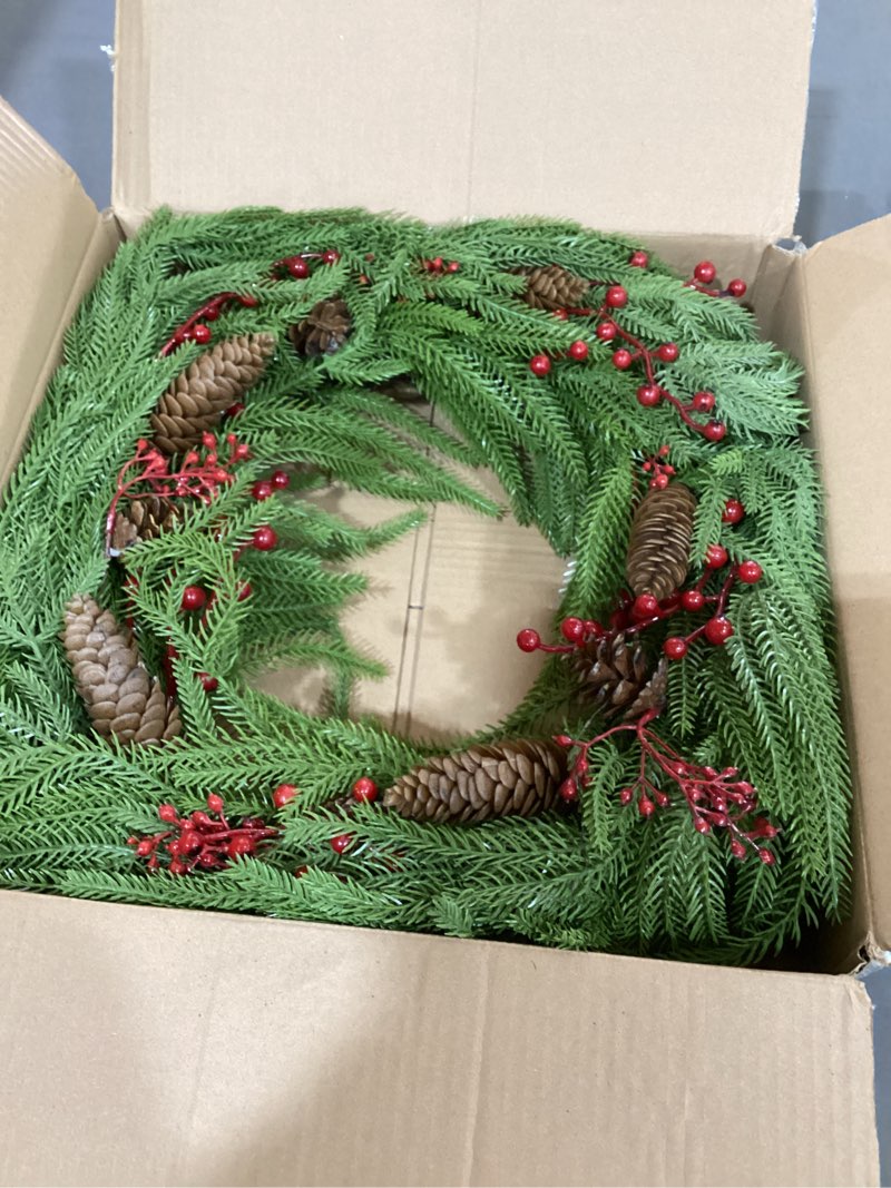 Condition photo showing Good Condition for 24 inch christmas norfolk pine wreath for front door artificial christmas wreath with pinecones red berries hanging loop green fake wreaths for wall window porch indoor outdoor xmas décor