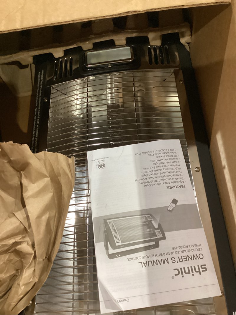 Condition photo showing As Is for Shinic 2 Packs Electric Garage Heaters, 1500W/750W Ceiling Mounted Heater Radiant Heaters with Halogen Light, 90 Degree Rotation, 5 Mode Settings, Space Heater for Garage, Shop, Large Room and Patio