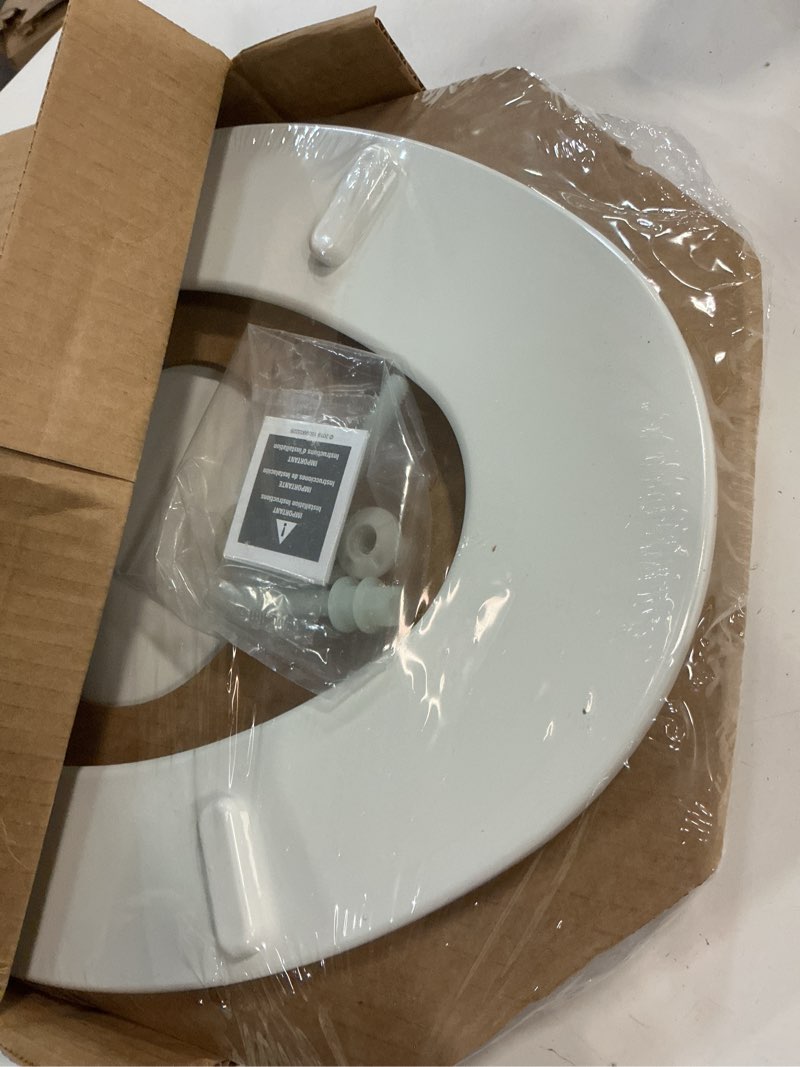 Condition photo showing As Is for mayfair linden slow close toilet seat, non slip heavy duty wood, easy install, elongated, white