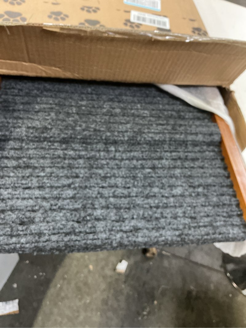 Condition photo showing New/Like New for Adjustable Dog Ramp for Bed - Foldable Wooden Ramp for Dogs to Get on Bed, Couch, or Car with 13.4" Wide Walking Space (Walnut Wood with Gray Carpet, Medium) Walnut Wood Medium