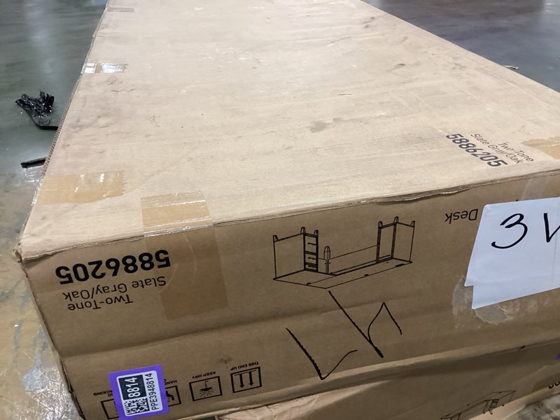 Condition photo showing New/Like New for Realspace® Koru 60" W L-Shaped Corner Computer Desk with Integrated Power & Charging, Two-Tone Slate/Gray Oak, BIFMA Compliant