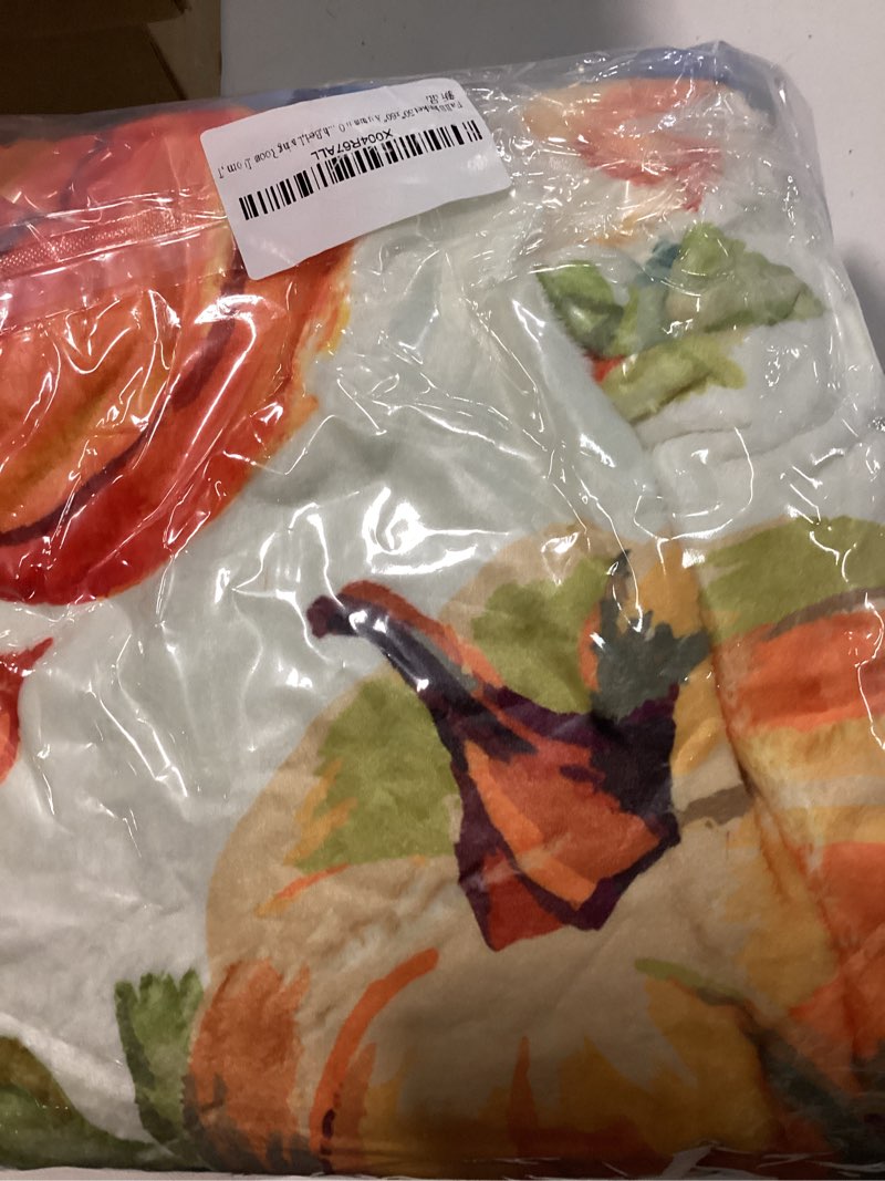Condition photo showing New/Like New for fall blanket 50"x60" autumn orange teal blue pumpkin maple leaves throw blankets seasons soft warm cozy lightweight harvest thanksgiving flannel throw blanket for couch,bed,living room,dorm,travel autumn-colorful pumpkin 50x60 inch