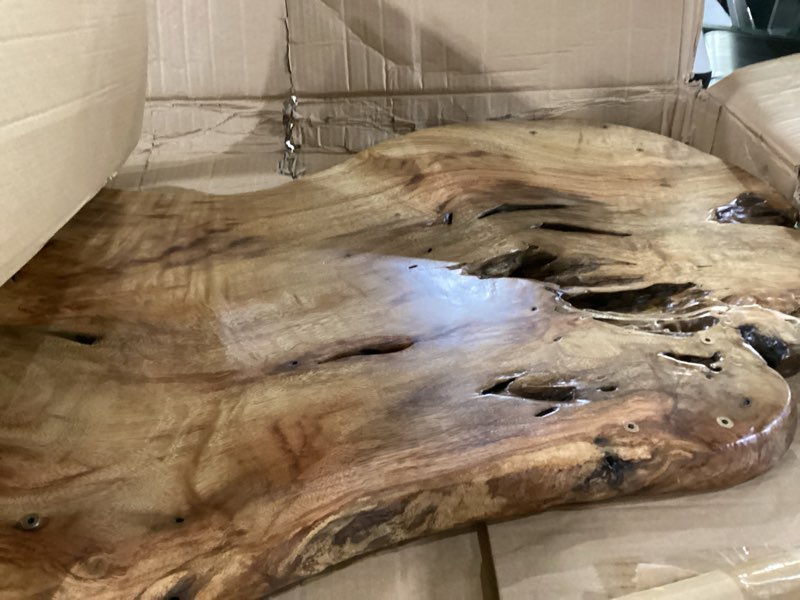 Condition photo showing Good Condition for live edge coffee table, large natural wood coffee table for living room, unique wooden table with easy assembly & solid wood construction