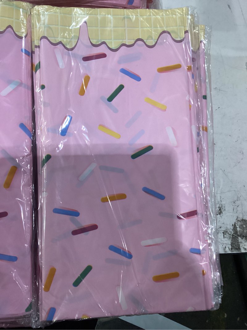 Condition photo showing New/Like New for 6pcs light pink sprinkle donut tablecloth, light pink ice cream table cloth disposable plastic rectangle table covers for baby girl sweet one birthday donut themed party decorations, 54 x 108 inch